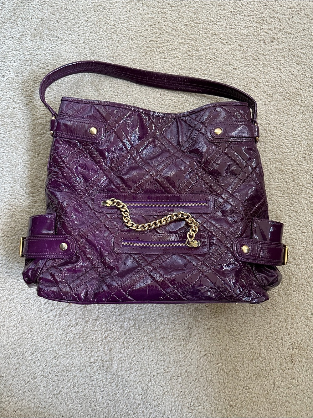 Isabella Fiore Quilted Patent Leather Purple Tote Bag